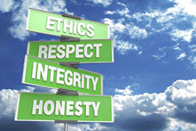 street post sign with ethics, respect, integrity, honesty